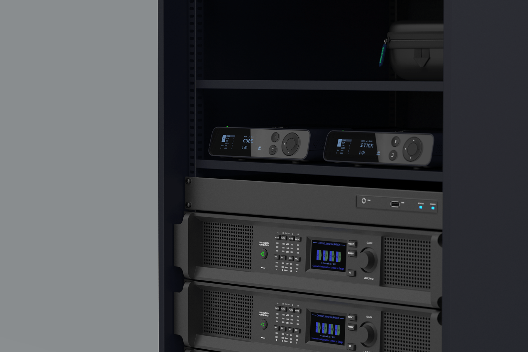 Two Catchbox Hub DSPs placed side by side in an audio rack.
