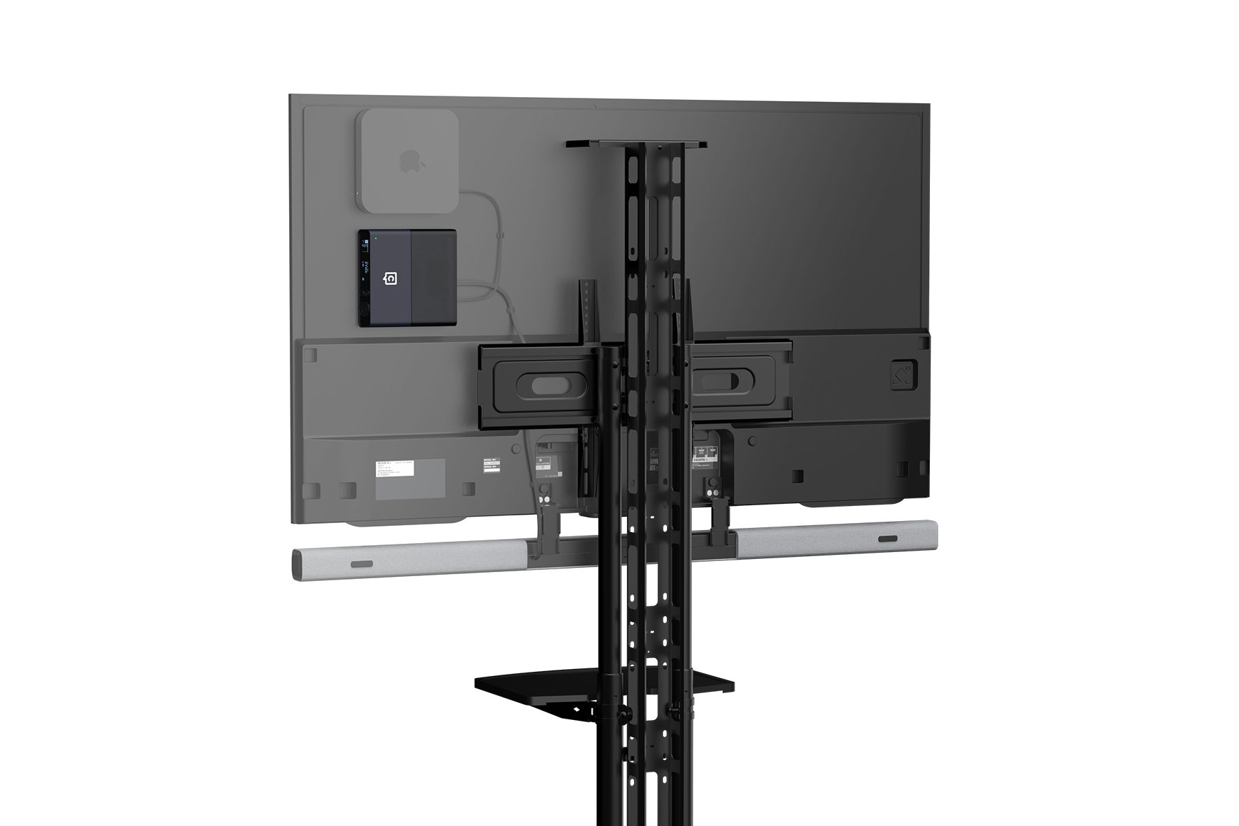 A Catchbox Plus Hub DSP mounted with a Mounting Kit behind a portable cart TV.