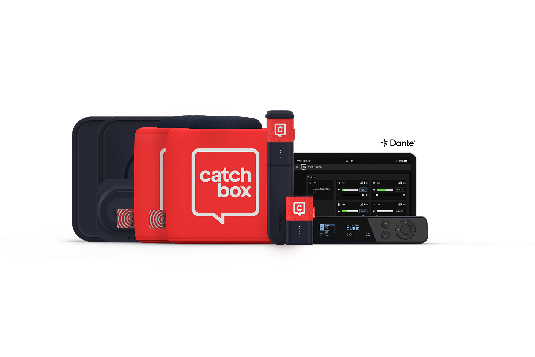 Image displaying the Catchbox Plus 4-channel system, featuring two Cube microphones, one Stick microphone, and one Clip microphone, alongside their wireless chargers. A tablet is shown as an example of the Catchbox Control and Monitoring Center used for managing the system.