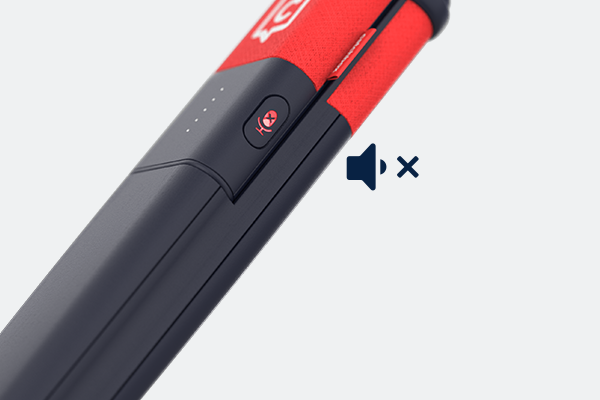 Side view of the Catchbox Stick handheld microphone with the mute button activated.