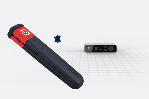 An illustration showing the Catchbox Stick microphone, a bell icon, and the Catchbox DSP Hub in the background, symbolizing an out-of-range alarm system.