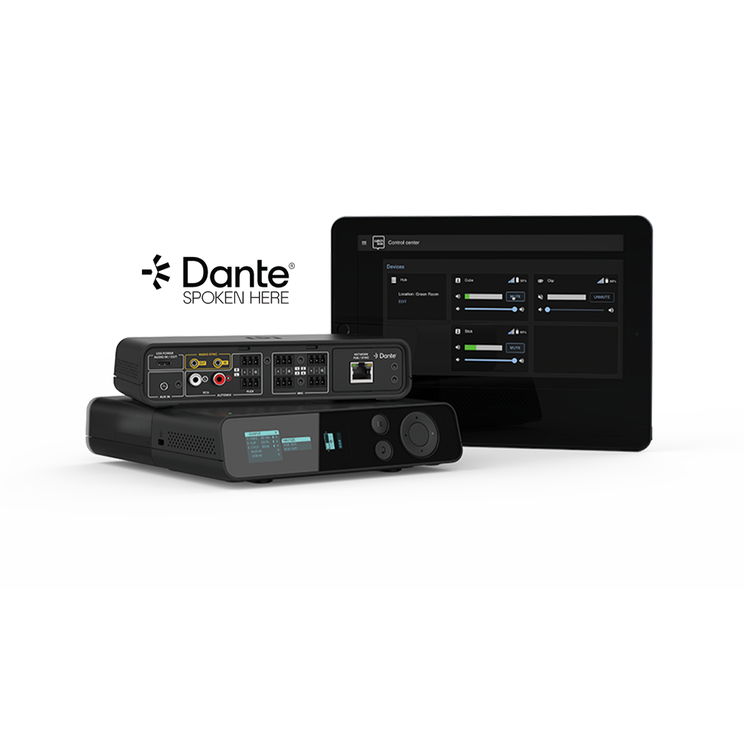 A front and back image of the Catchbox Plus Hub DSP receiver, showcasing the graphical user interface (UI) on the front, and the 3-pin, RCA, USB-C, aux, and network connections on the back.