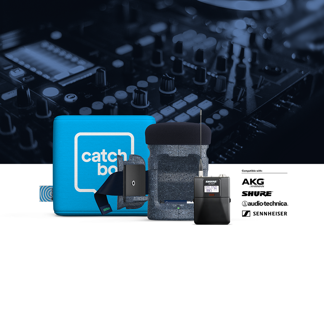 Catchbox Beltpack Module shown from the side, removed from the Cover, displaying the side with the necessary beltpack .